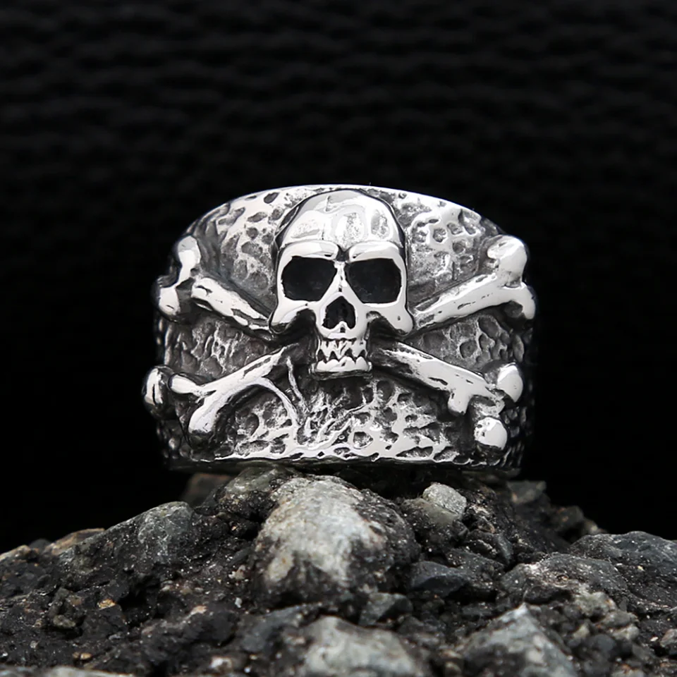 Punk Vintage Stainless Steel Crossbones Pirate Skull Ring For Men Boys Biker Hip Hop High Quality Fashion Jewelry Gift Wholesale