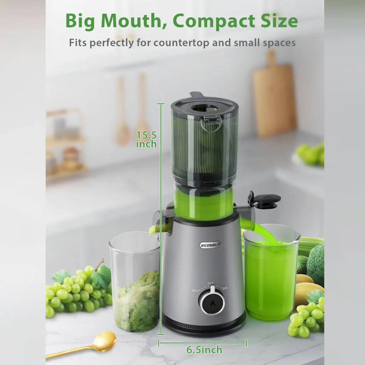 Wyciskarka wolnoobrotowa, wyciskarka do owoców i warzyw z szerokim otworem 13,5 cm, samozasysająca, o wysokiej wydajności wyciskania soku