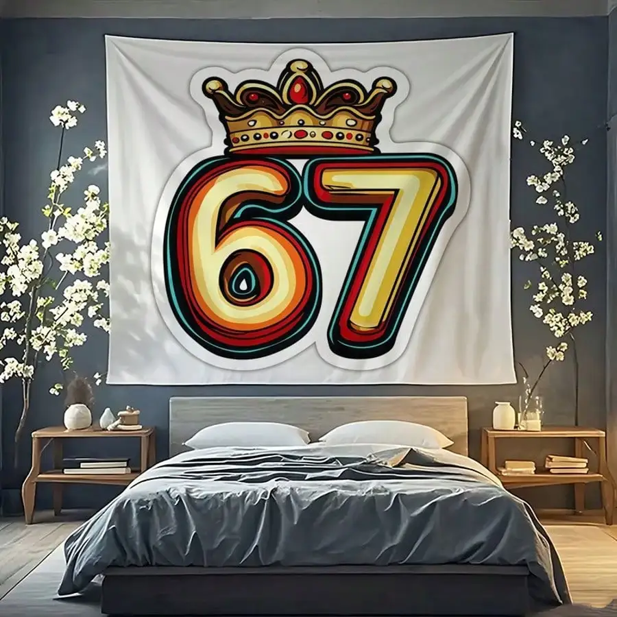 67th Birthday Tapestry - Crown Number Design, Gold Red Color, Party Wall Decor, Multiple Sizes