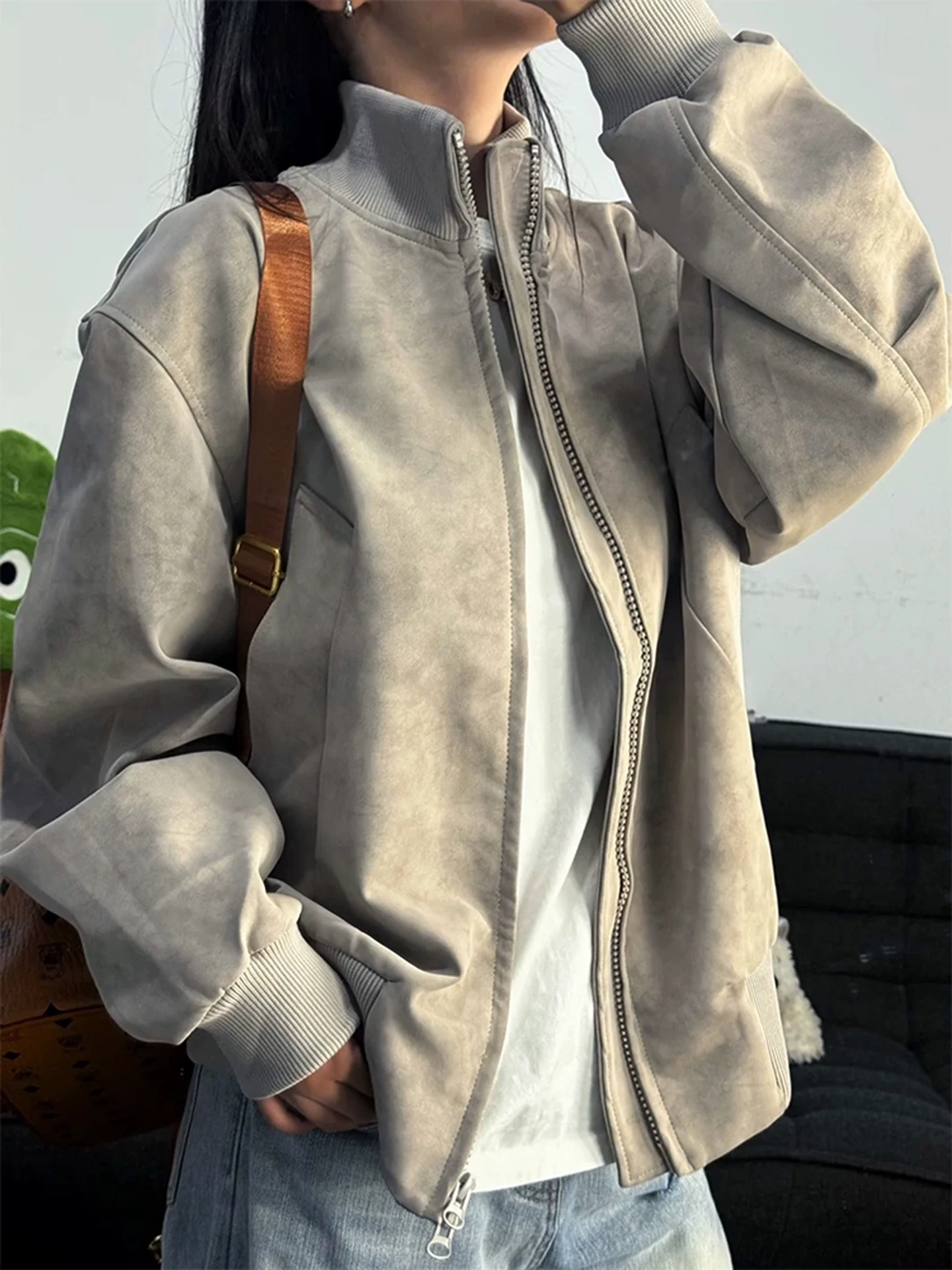 

American Cleanfit ort Dyeing Leather Jaet ex Stand Collar Pilot Jaet Retro Cool Baseball orm ort Length Zippe...