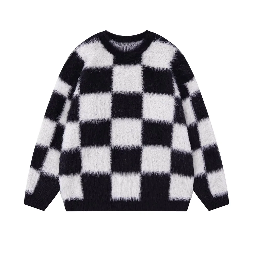 

Men Chessboard Plaid Pullover Plush Round Neck Casual Long Sleeved Knitted Street Couple Warm Versatile Sweater Chompa De Hombre