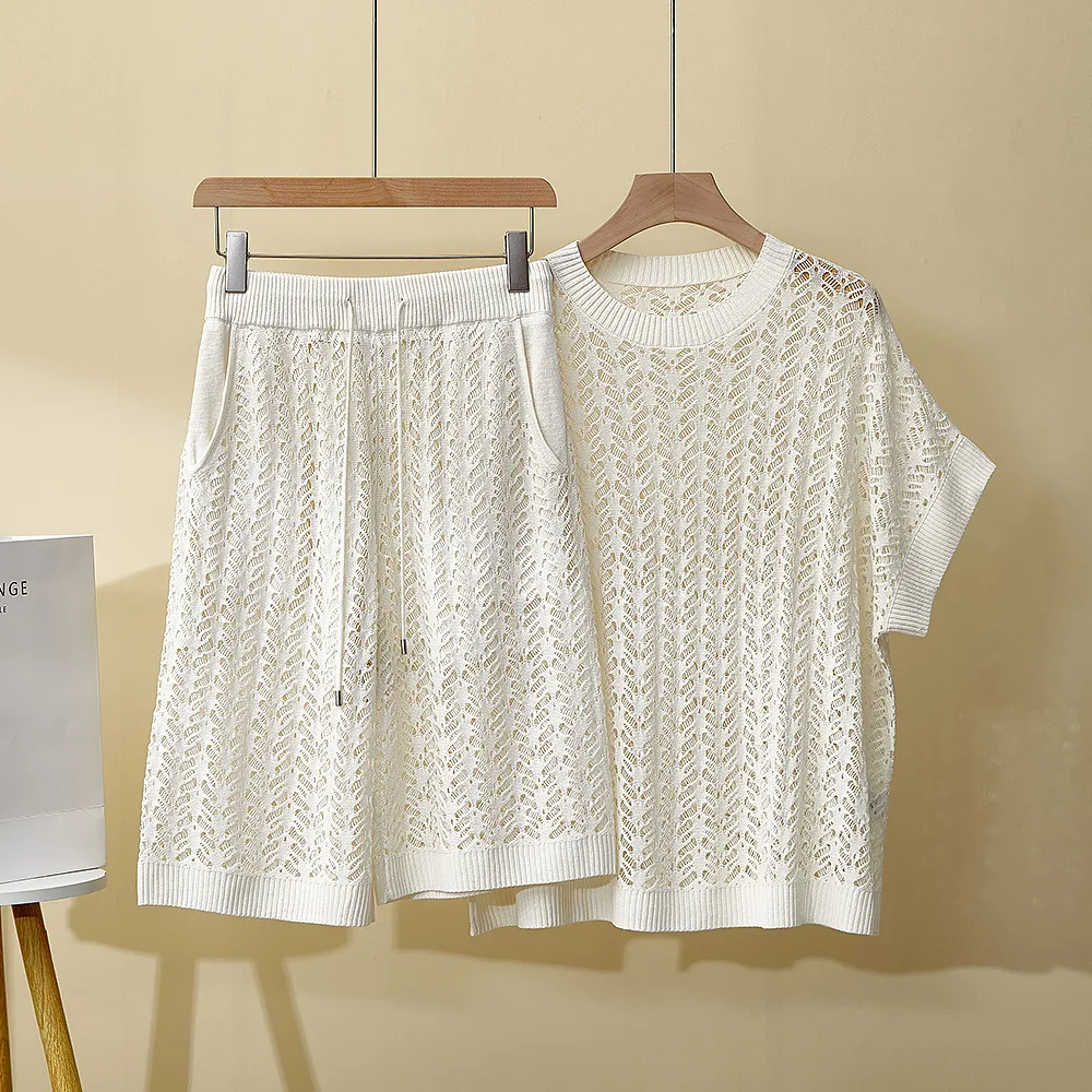 الصيف B * C المرأة الجديدة جوفاء دعوى جولة الرقبة الحرير الكتان قصيرة الأكمام أزياء السراويل غير رسمية قطعتين مجموعة