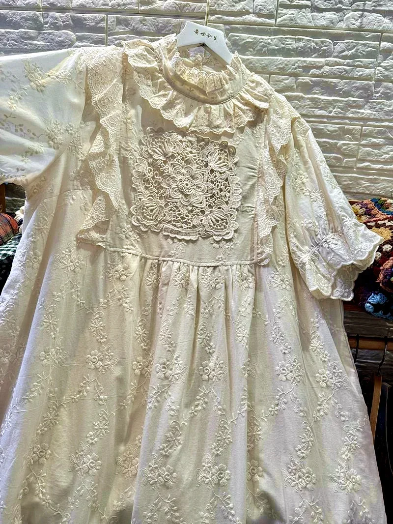 Vintage Rococo Victorian Ruffled Lace Floral Long Midi Dress Summer Retro Cotton Linen Mori Girl Cottagecore White Tunic Dress