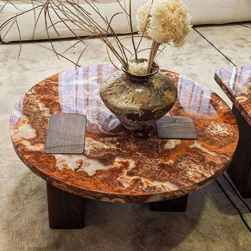 Red Dragon Stone Nesting Tables-Designer Round Marble Coffee Set w/ Crimson for Premium Living Room Centerpiece