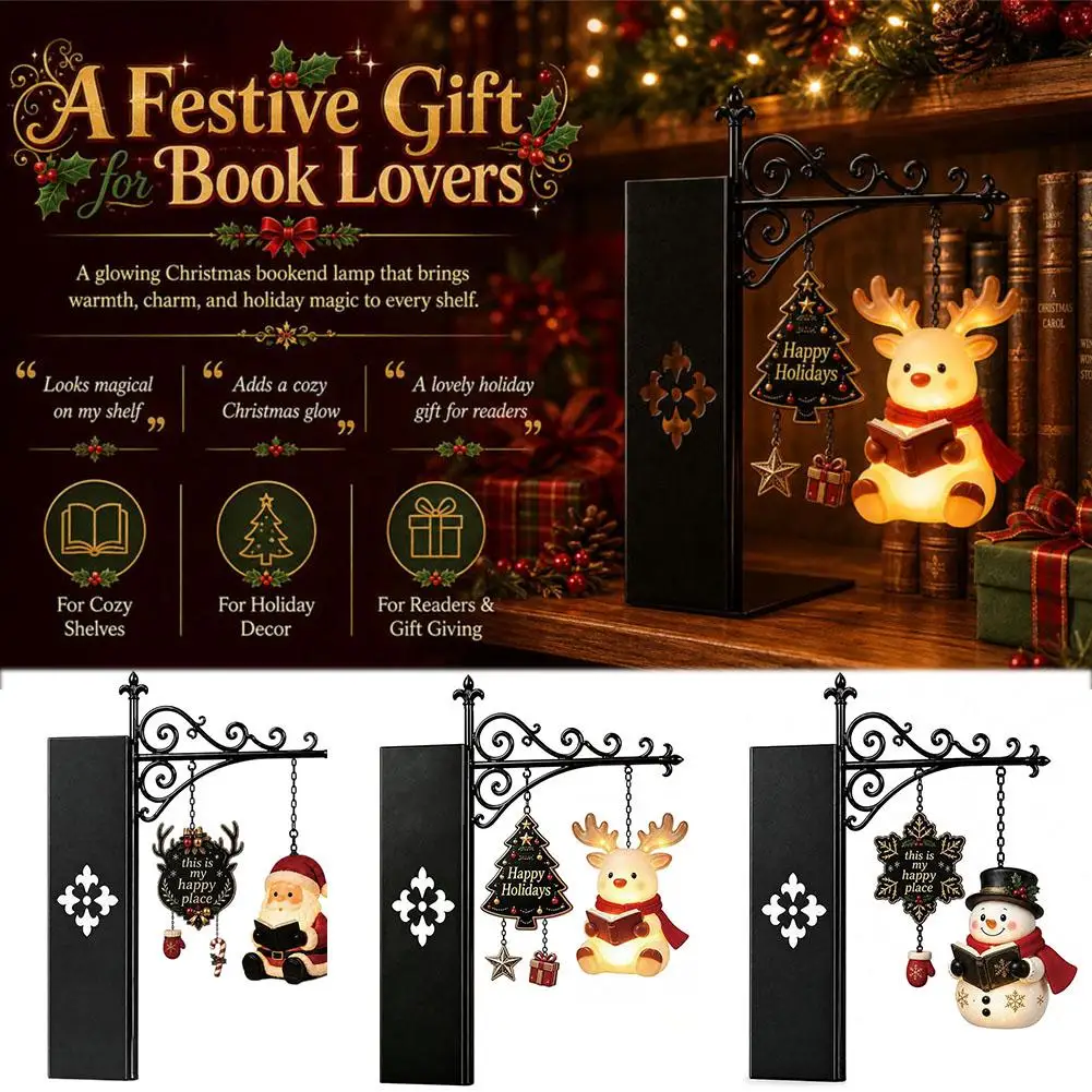 Santa Claus Christmas Bookshelf Lamp Snowman Elk Metal Lamp LED Library Lantern Cartoon Retro Style Reading Lamp Office Use