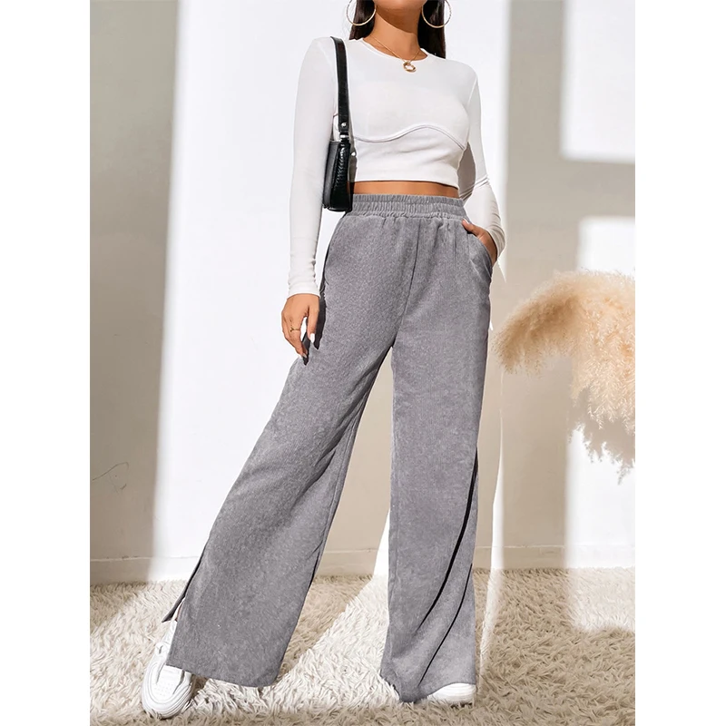 Autumn Winter Women's High Waist Corduroy Wide Leg Pants Ladies Solid Color Loose Casual Slit All-match Trousers Female Clothes