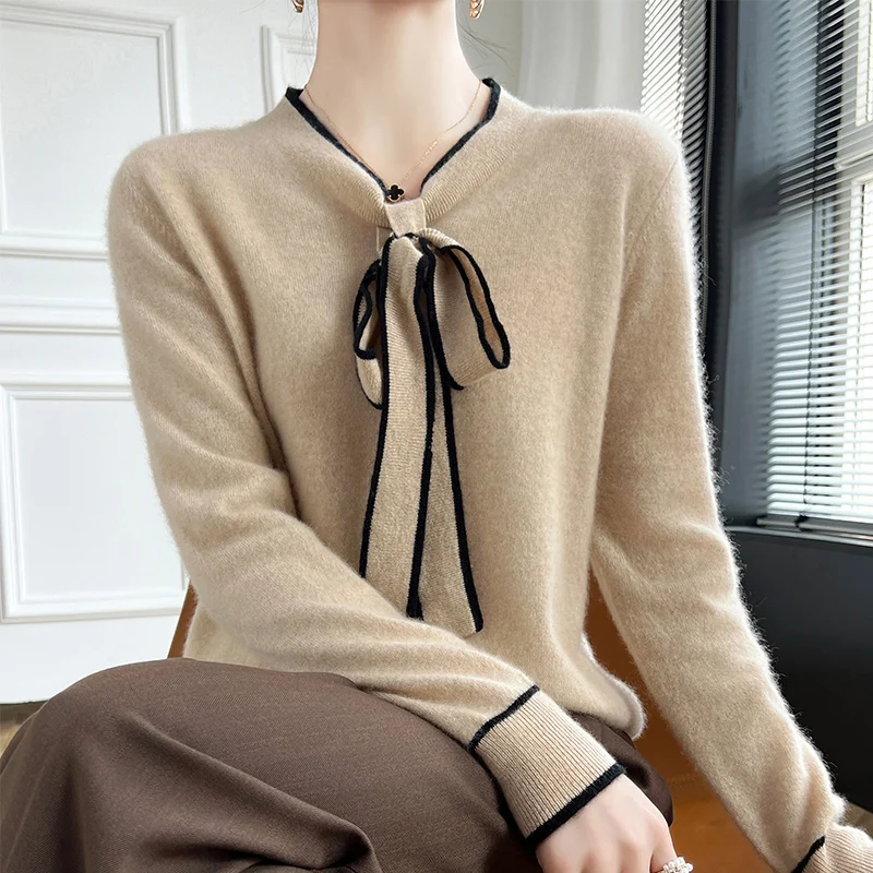 Autumn and winter new cashmere sweater women's sweater 100% beautiful slave wool fashion V-neck bow pullover soft luxury solid c