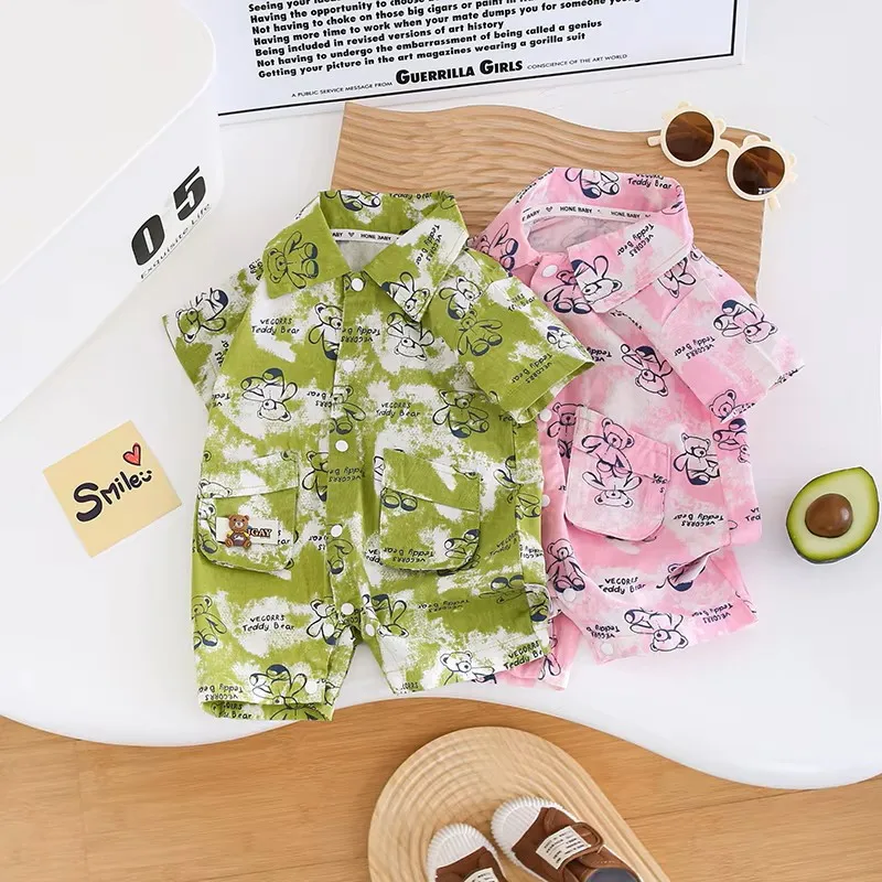 Tutina in cotone per neonati a maniche corte, tuta primaverile/estiva, cardigan carino con cartoni animati per bambini e bambine - Abbigliamento morbido e confortevole per neonati