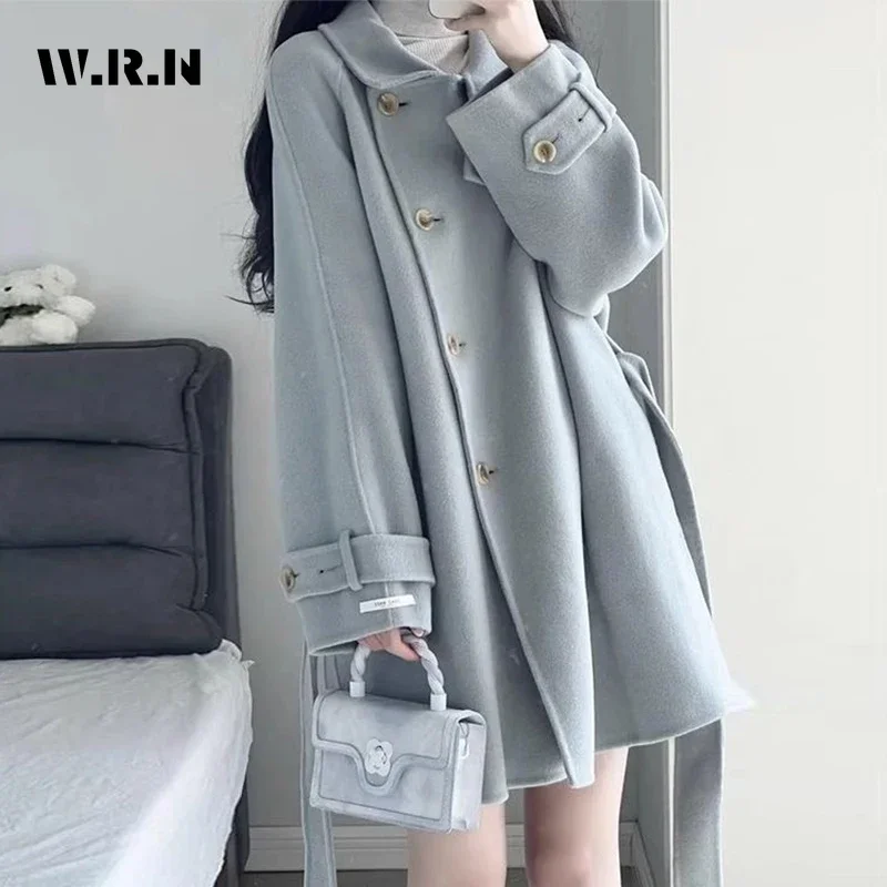 2024 Winter Chic Oversized Simple Style Wool Jacket Women's Sweet Outerwear Loose Solid Blends Turn Down Collar Warm Coat