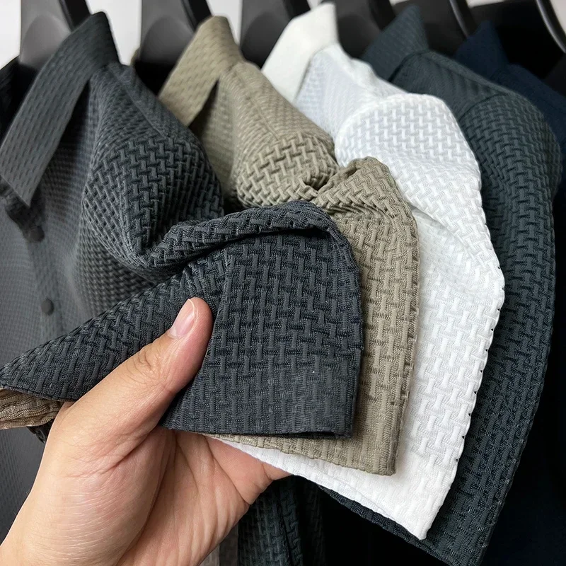 2026 Summer New Men's Lop-up Hollow Short-sleeved Polo Tee Shirt Ice Silk Breathable Business Fashion T-Shirt Male Brand Clothes