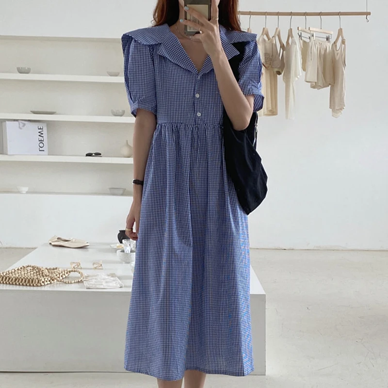 Chic rétro Plaid taille-colletée genou longueur ort-Sve irt Dr femmes Faionable col rabattu fermeture à bouton t-shirt