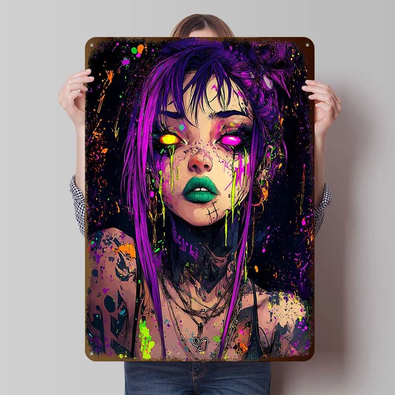 Neon Grunge Girl Printed Poster Customized Wall Art Retro Vintage Metal Tin Signs for Room Garage Decoration At Home Man Cave
