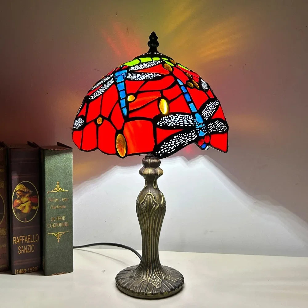 

Retro Tiffany Stained Glass Bedside Lamp for Bedroom Room Decoration Red Dragonfly Morning Glory Lampshade Table Desk Light