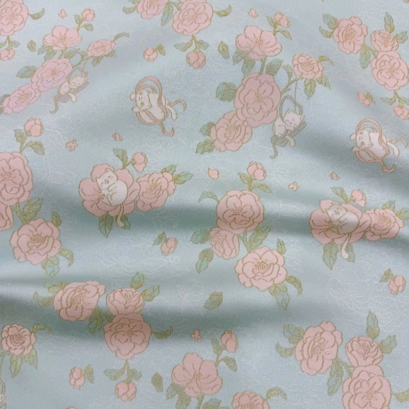 Tela Jacquard Brocada de Imitación de Seda con Diseño de Rosas y Gatos, Estilo Chino, Teñida con Hilo, para Chalecos, Chaquetas, Bolsos, Zapatos y Accesorios de Costura DIY, Primavera-Otoño