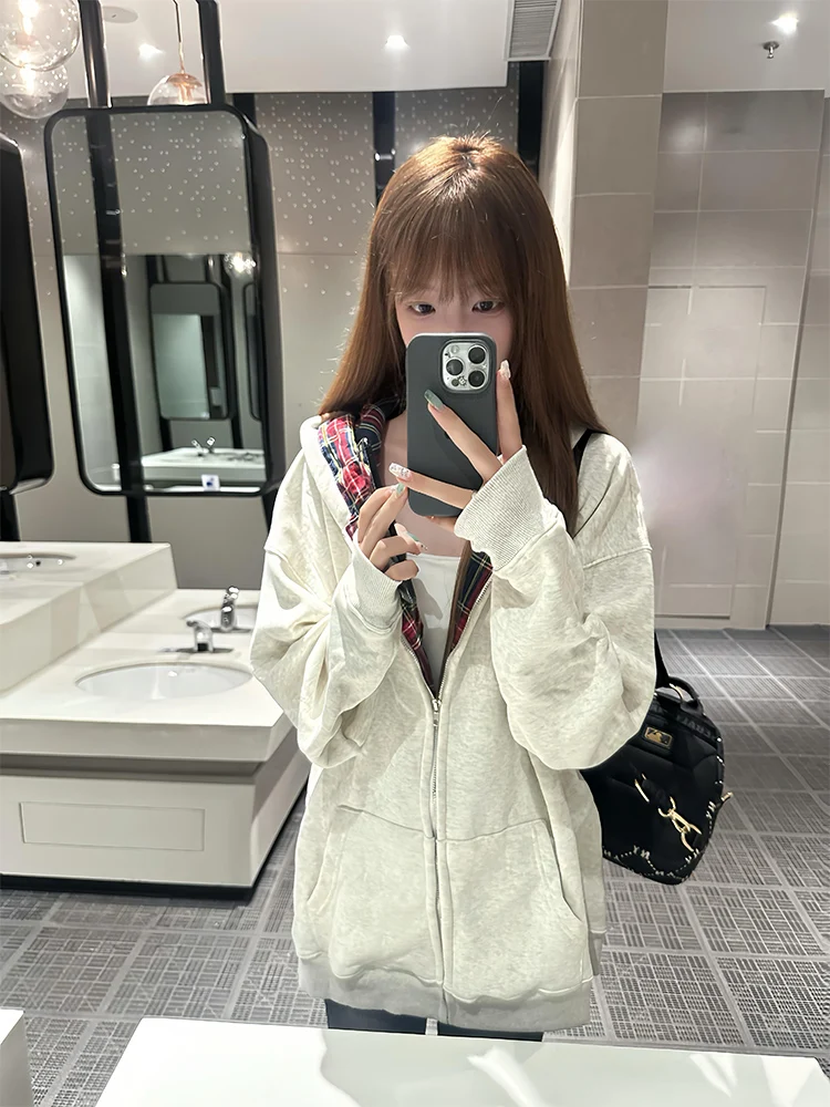 

ay Plaid Splicing Loose Women's Hoodie Spring Autumn Design Unique Open Cardigan Coat Sle Commute Long Sve Zipper