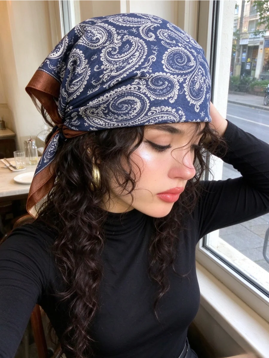 Women Satin Square Bandana Scarf Vintage Paisley Print Brown Border Headscarf Neck Hair Wrap Ladies Fashion Small Silk Scarves