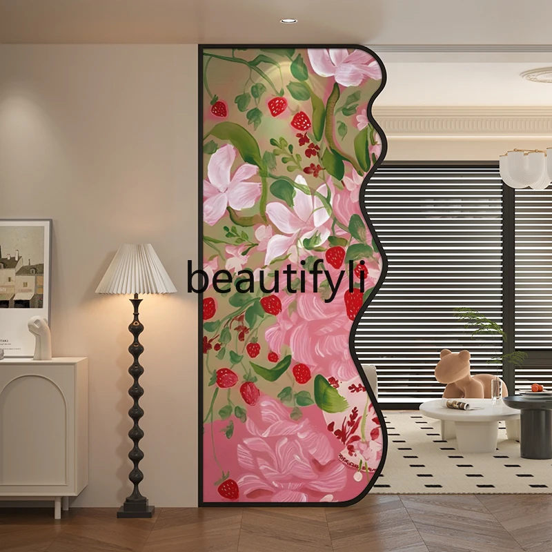 

Strawberry oil painting stainless steel screen partition living room entrance entrance sofa top-notch wrought iron screen