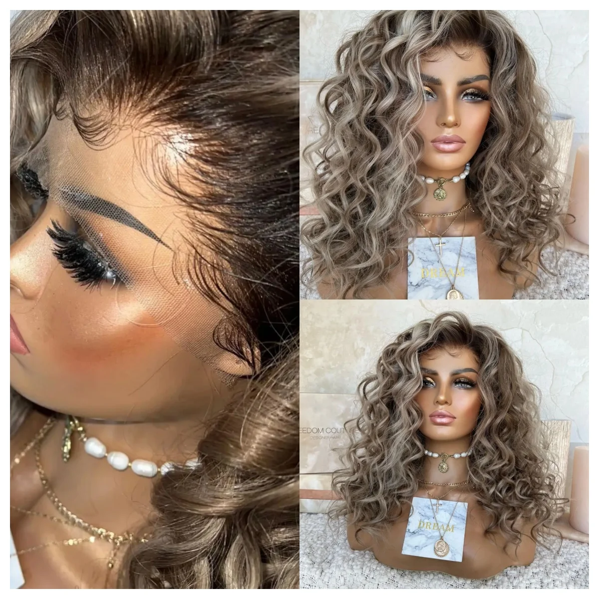 Wig Keriting Pirang Abu Wig Rambut Keriting Panjang Sintetis untuk Wanita Wig Ombre Gelombang Gaya Rambut Halus Kostum Pesta Karnaval Wig Biasa