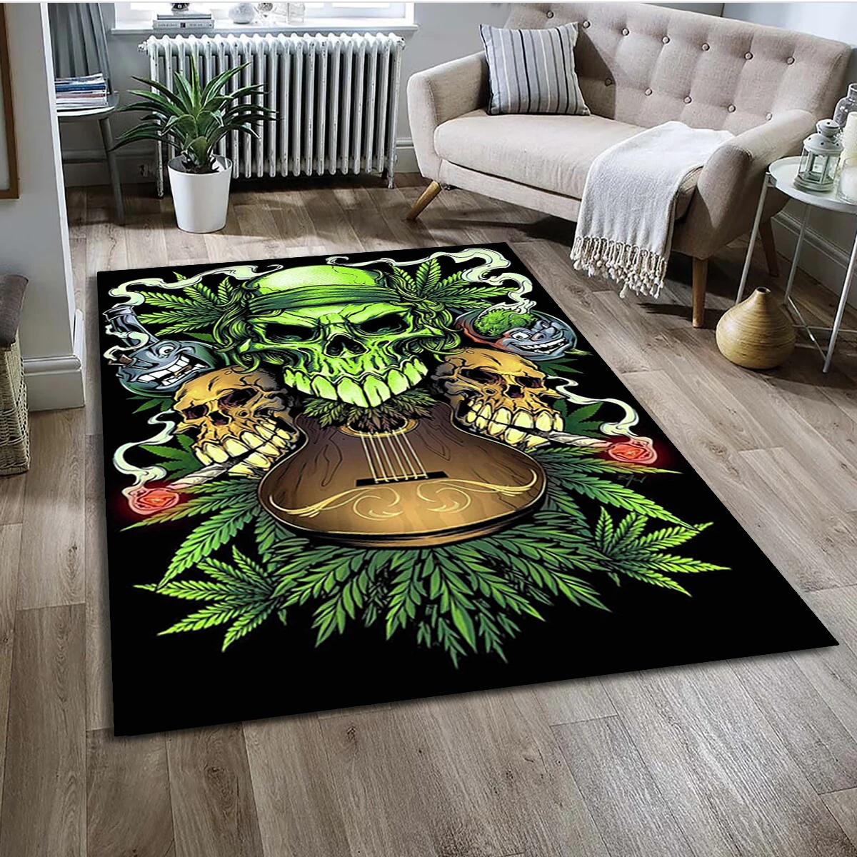 Maple Weed Plants Green Death Skull Smoke Area Rug,Carpet for Home Living Room Bedroom Sofa Doormat Decor,kid Non-slip Floor Mat