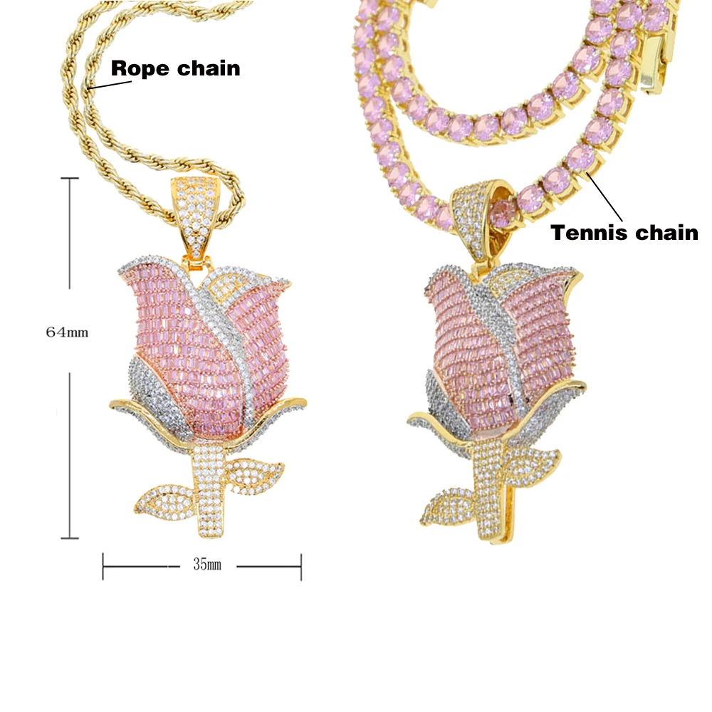 2025 New Iced Out Bling 5A CZ Nice Rose Flower Pendant Necklace Drop Ship Hip Hop Men Women Jewelry