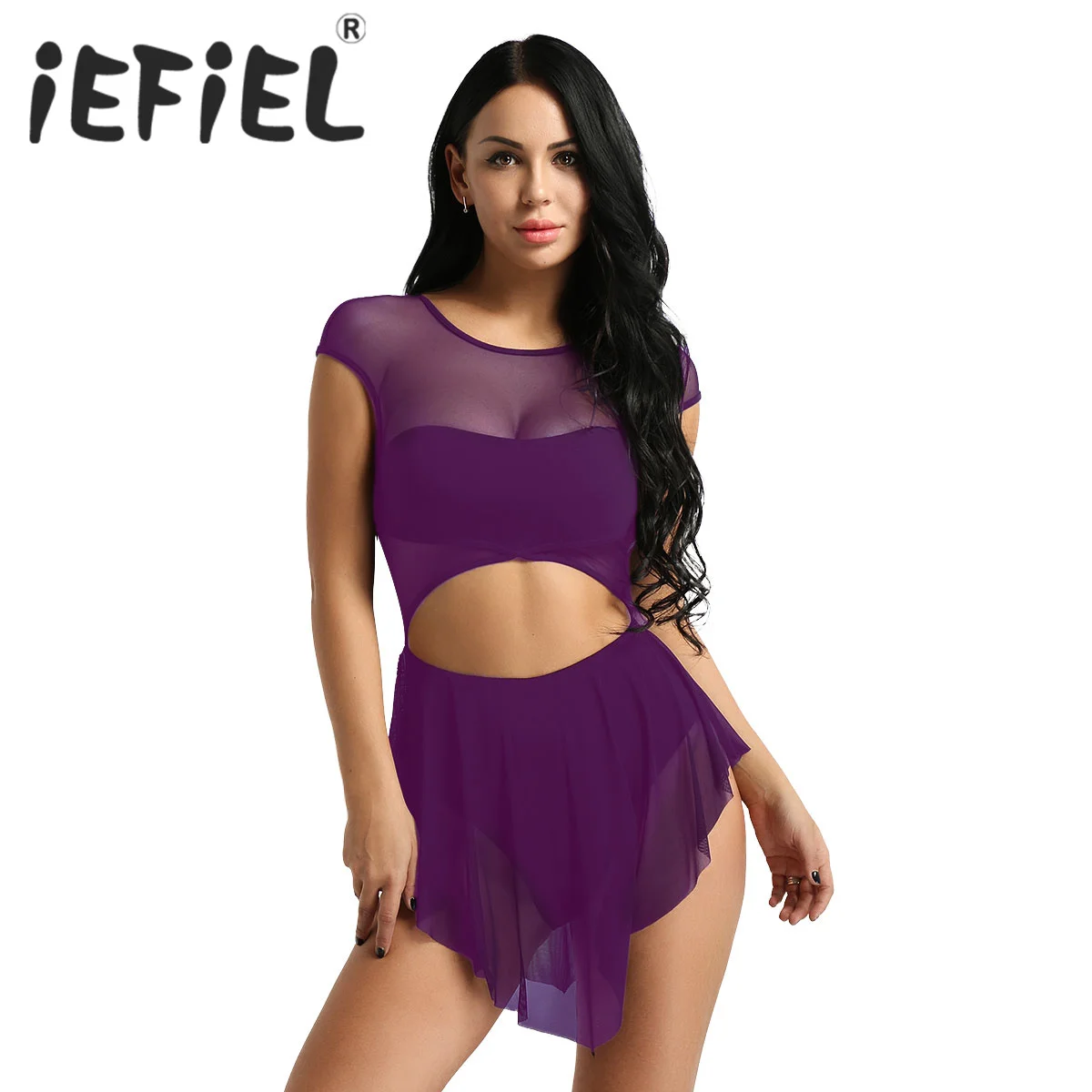 Sleeveless Cut Out Front Asymmetric Mesh Women Ballet Dress Leotard Gymnastics Bodysuit Ballet Dancewear Performing Clothes