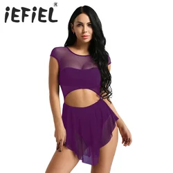Sleeveless Cut Out Front Asymmetric Mesh Women Ballet Dress Leotard Gymnastics Bodysuit Ballet Dancewear Performing Clothes