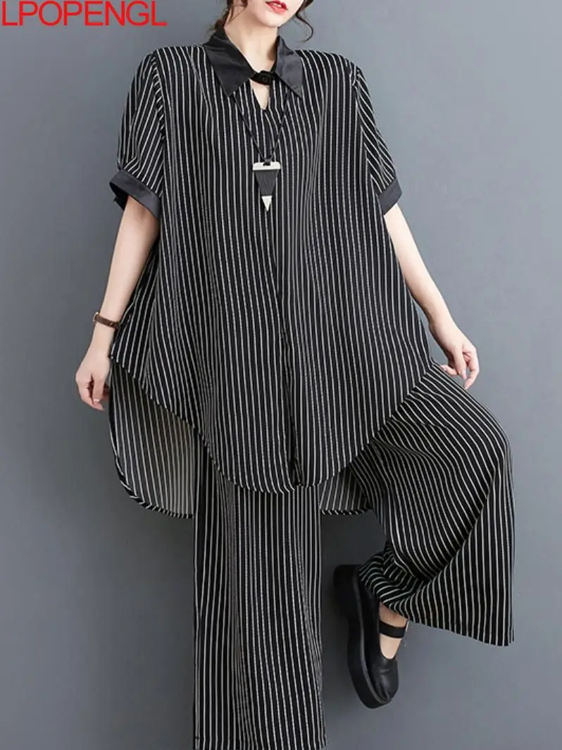 

Office Lady Casual Pullover Suit Women 2023 New Summer Striped Shirt High Waist Wide-leg Pants Mid-length Loose Two-piece Set