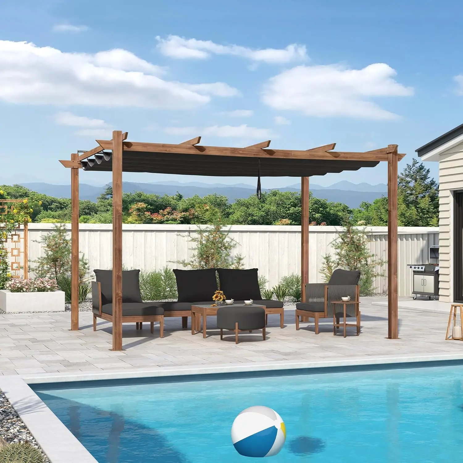 

Custom 10'x13' Outdoor Retractable Pergola, Natural Wood Tone Metal Patio Shelter with Adjustable Shade Canopy for Garden Porch