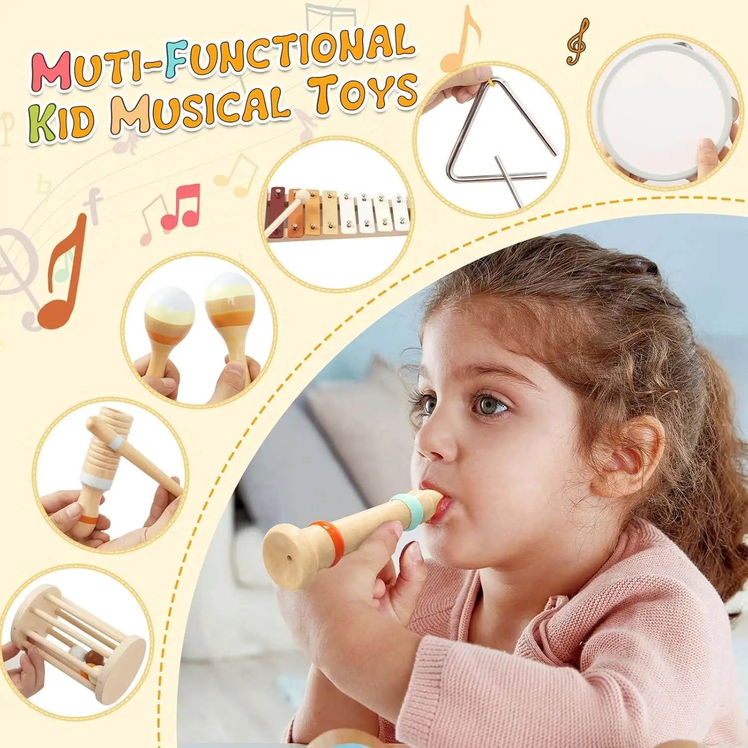 7Pcs Kleinkind Musical Instruments Montessori Holz Percussion Spielzeug Baby Frühen Vorschule Lernen Musik Xylophon Geschenk Spielzeug