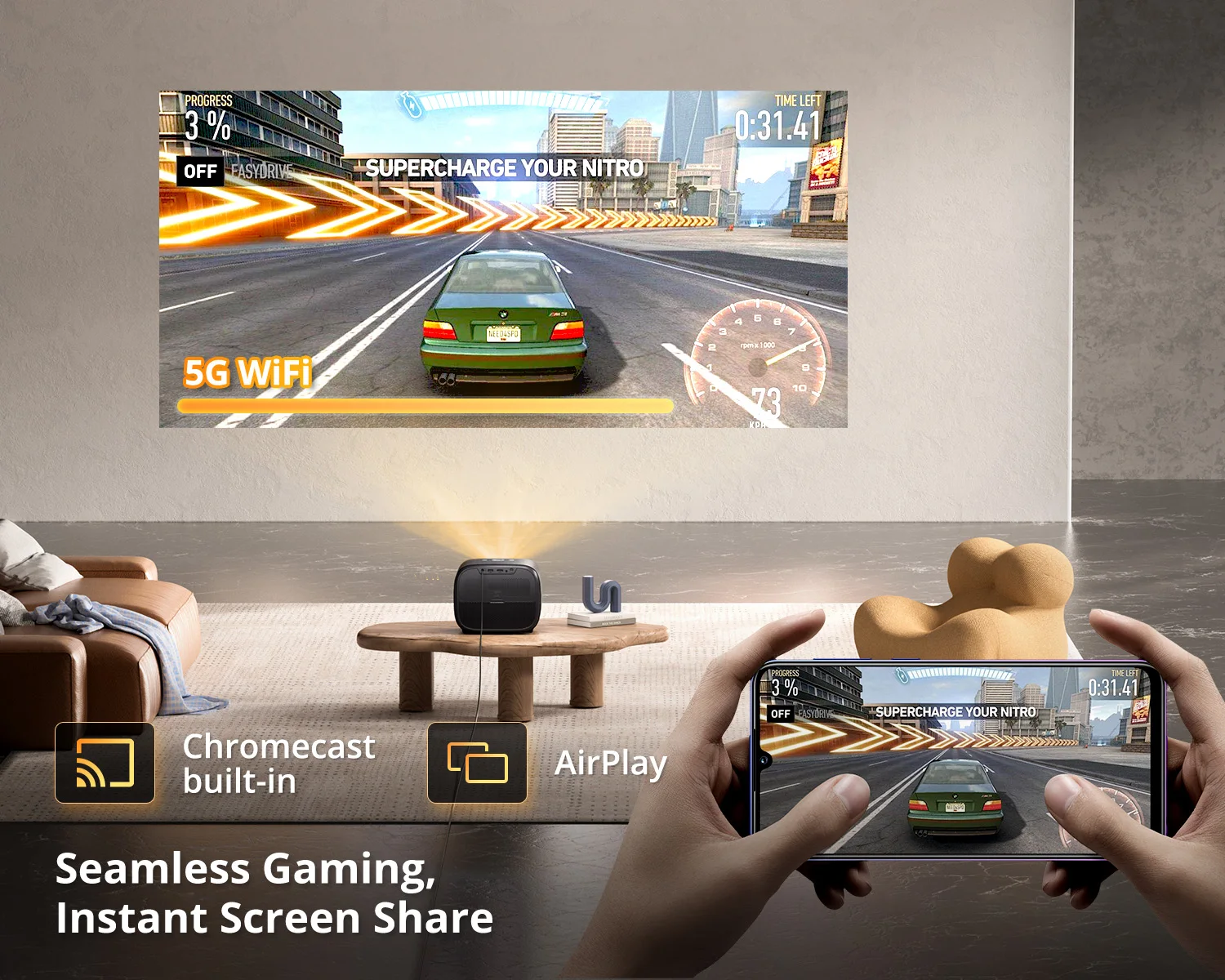 

Google Portable Auto-Focus Android 11 Projector BT5.0 1000 ANSI HD 1080P 4k Mini LCD USB 3D Features LED US Home Theater Office