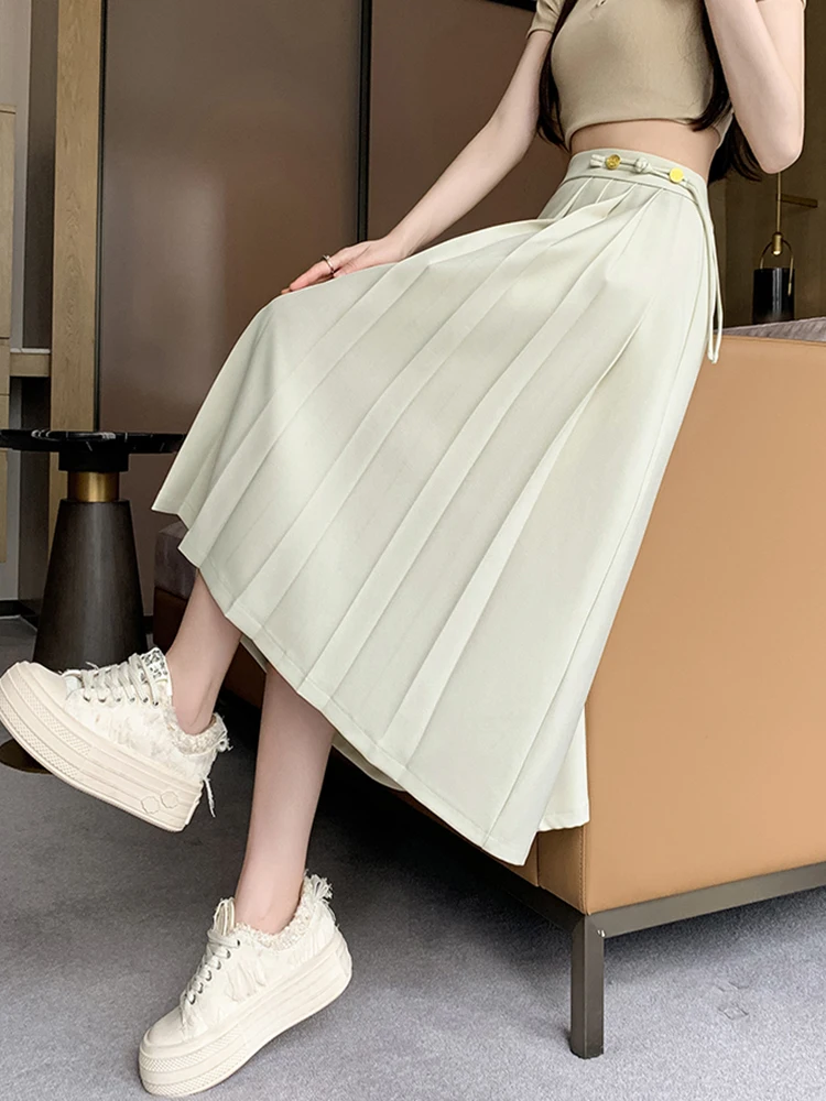 أنيقة البيج الأسود مطوي تنورة امرأة الربيع الصيف عالية الخصر خمر مكتب ارتداء دعوى التنانير الطويلة القوس ضمادة Falda Plisada