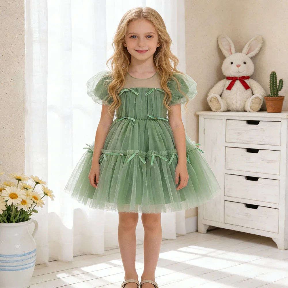 

Summer Children Elegant Girls Short Sleeve Tulle Princess Dress For Kids Birthday Party Formal Evening Performance Ball Gown