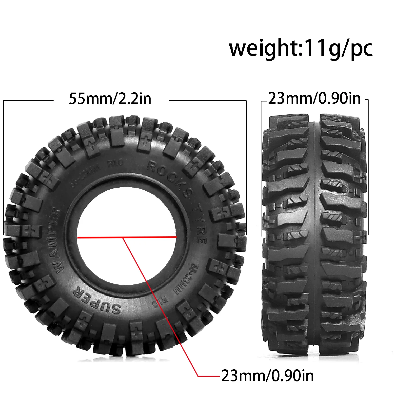 Pneu d'escalade de voiture RC 1.0 pouces, 4 paquets, 55x23mm, pour mise à niveau 1/18 1/24 Axial SCX24 FMS FCX24 AX24 (T1011)