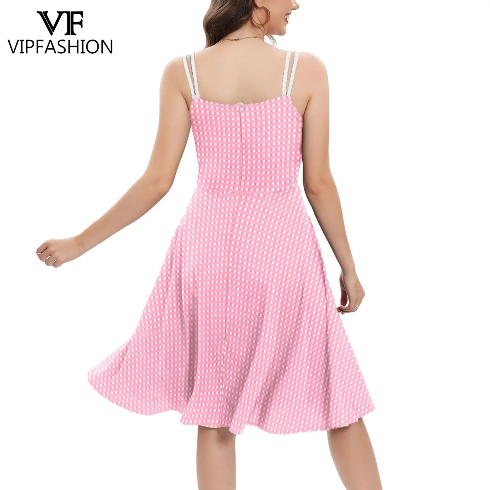 VIP FASHION Pink Plaid Party Dress for Women Vintage Evening Dresses Sexy Lady Slip Dress Holiday Cosplay Costume Summer Clothes