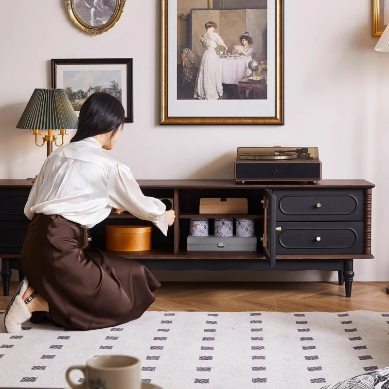 

Nordic solid wood TV cabinet sideboard combination floor-to-ceiling living room black coffee table retro TV cabinet light