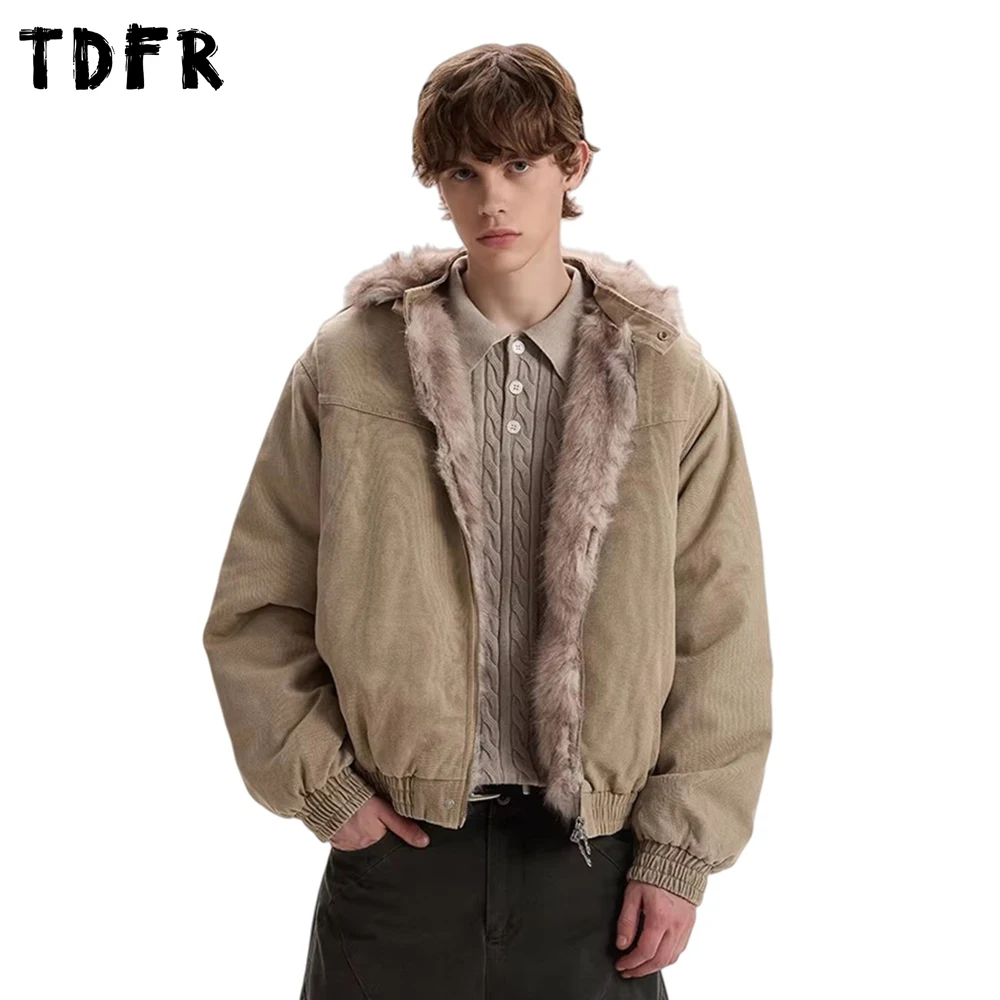 

Retro Spliced Hooded Padded Jacket Mens Removable Hat Winter Thick Retro Casual Loose Long Sleeve Cargo Quilted Jacket Man