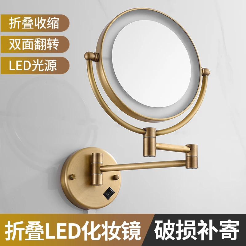 

Полностью медное антикварное зеркало для макияжа в ванной комнате со светодиодной подсветкой, вращающееся складное ретро-зеркало для красоты, выдвижное косметическое зеркало для отеля