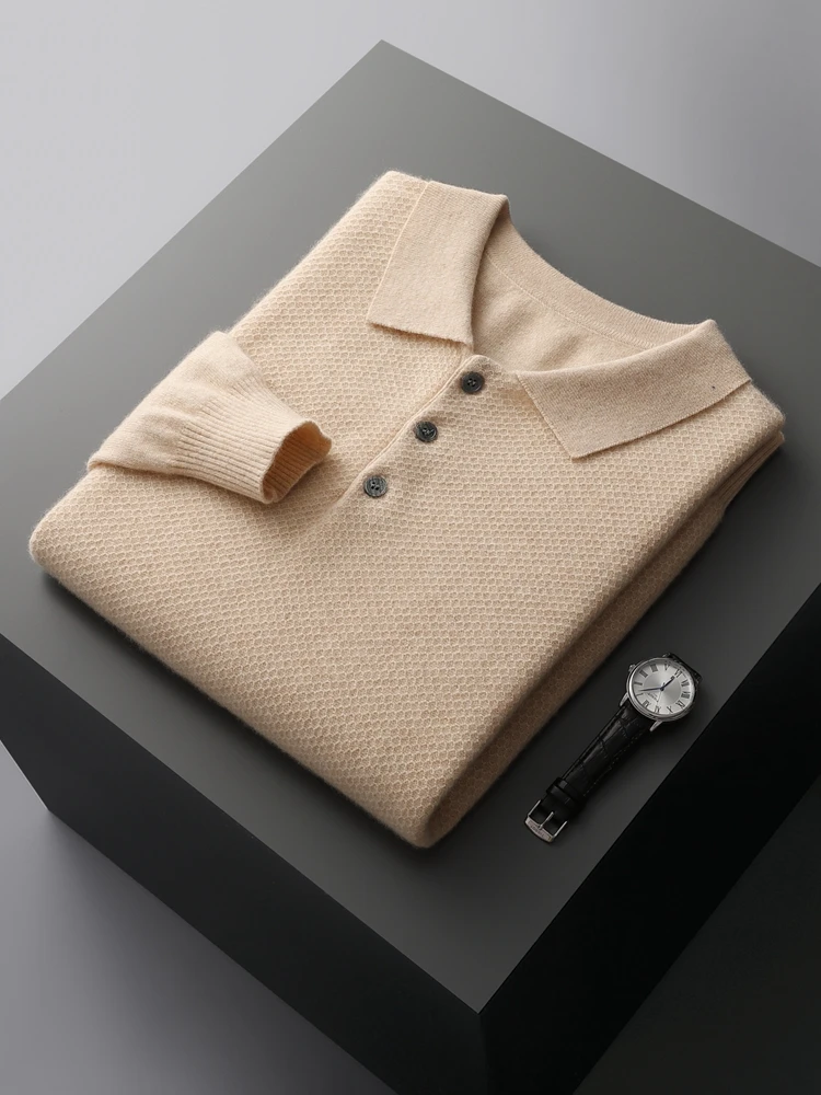 

MEETCC Polo Collar Men 100% Cashmere Pullover Autumn Winter Soft Warm Sweater Luxury Cashmere Honeycomb Knitwear Casual Jumpers