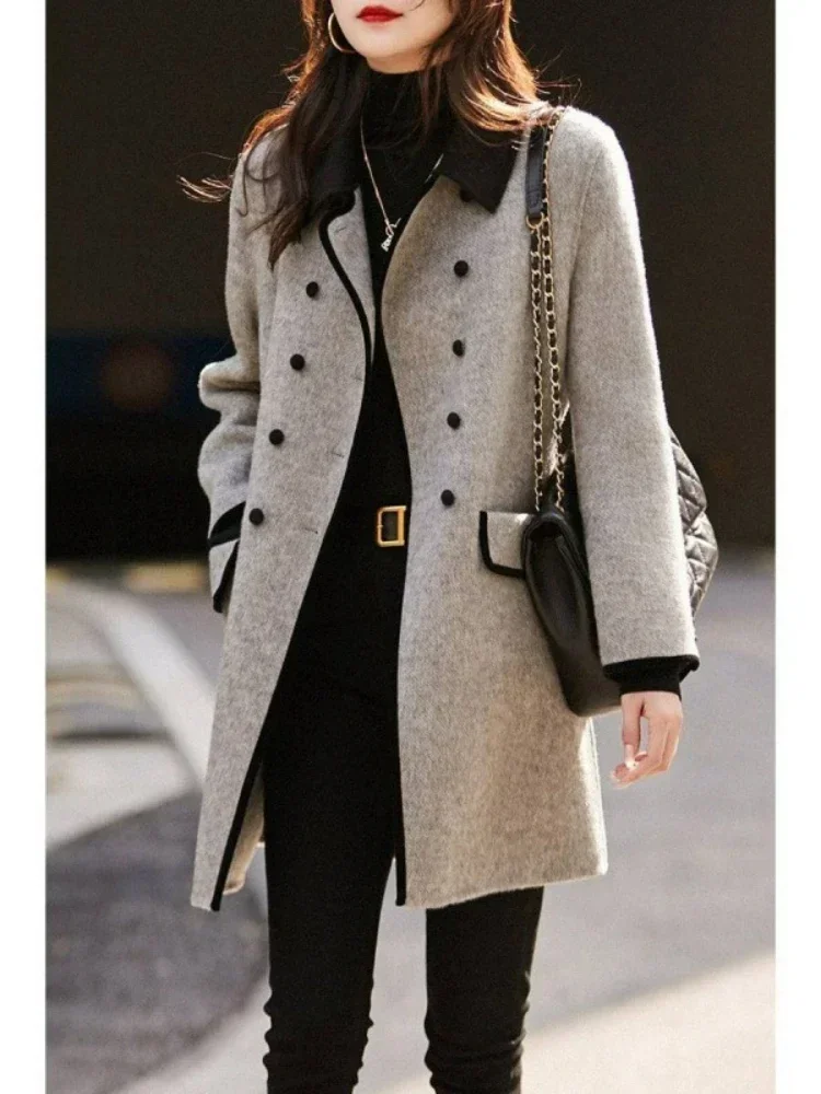 

2024 Blends Coat Autumn Women Fall Winter Wool Jacket Vintage Long Outwear Korean Horn Button Elegant Mujer Thick Windbreaker