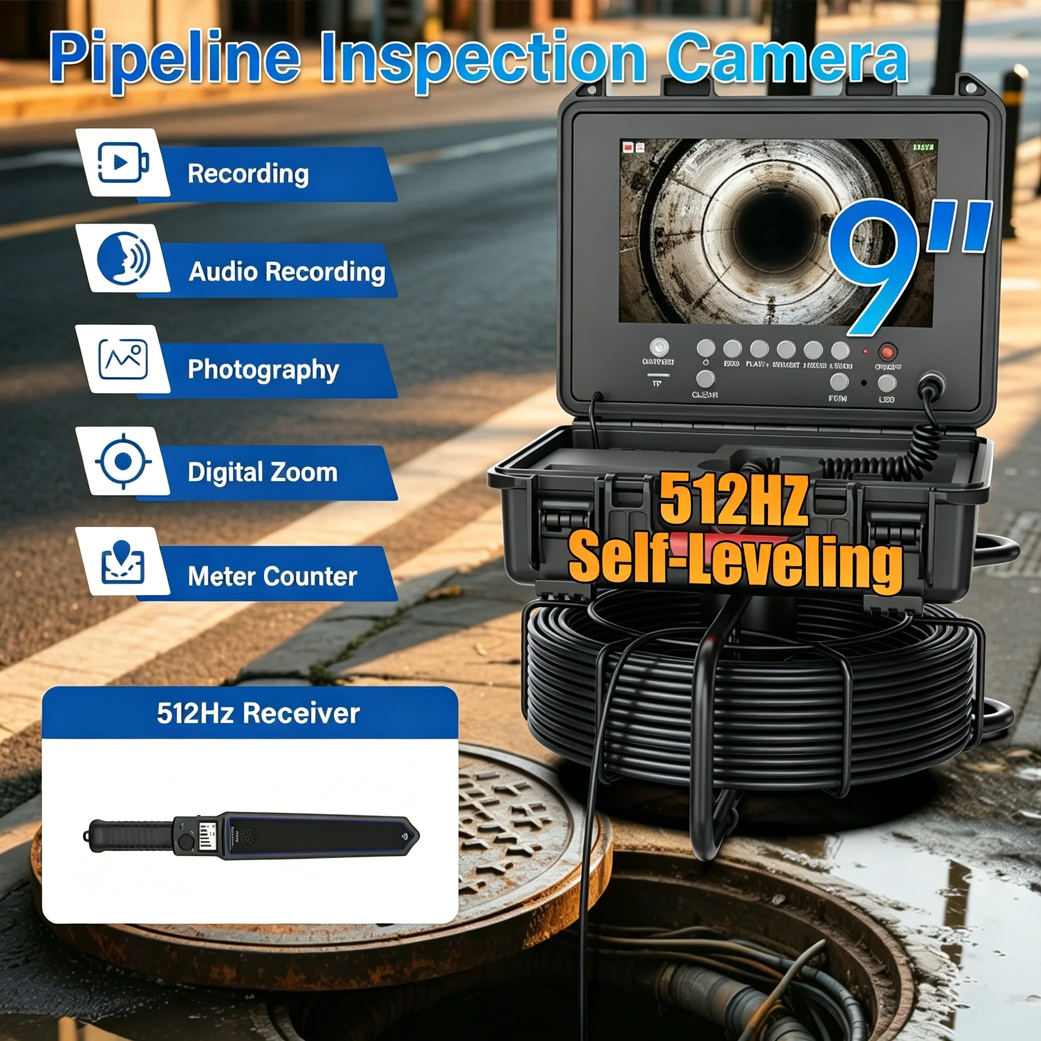 Sewer Camera Self Leveling 9'' with 512Hz Sonde & Meter Counter,  Drain Inspection Camera with 32GB DVR, 5X Zoom, 12 LEDs,