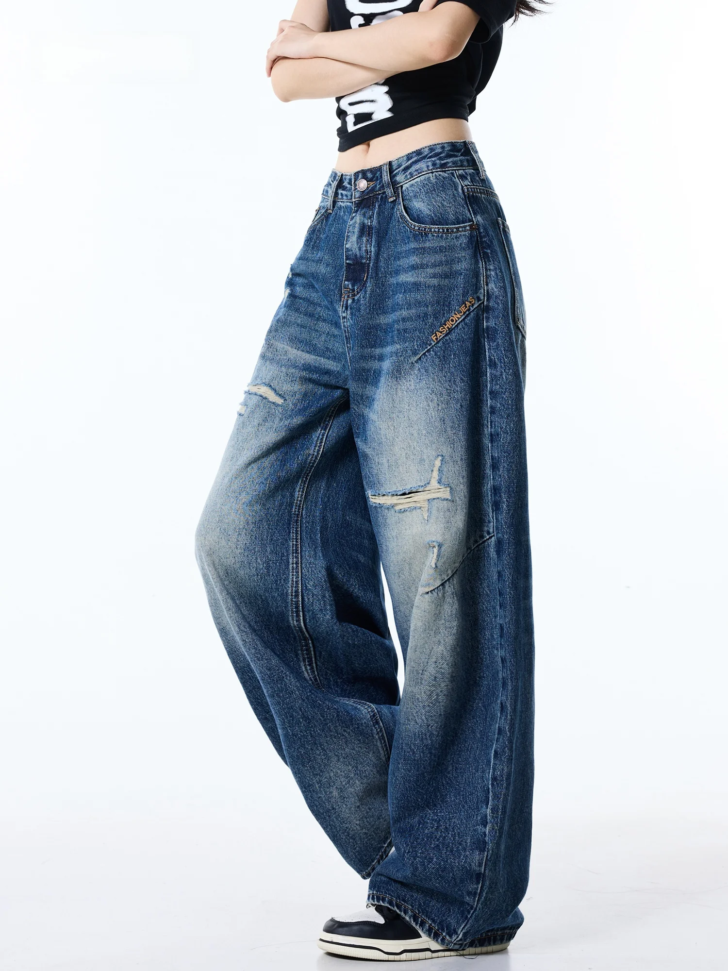 American Style High Waist Wide Leg Jeans Women's Ripped Knife  Denim Pants Fall New Arrival Slimming Floor Length Trousers