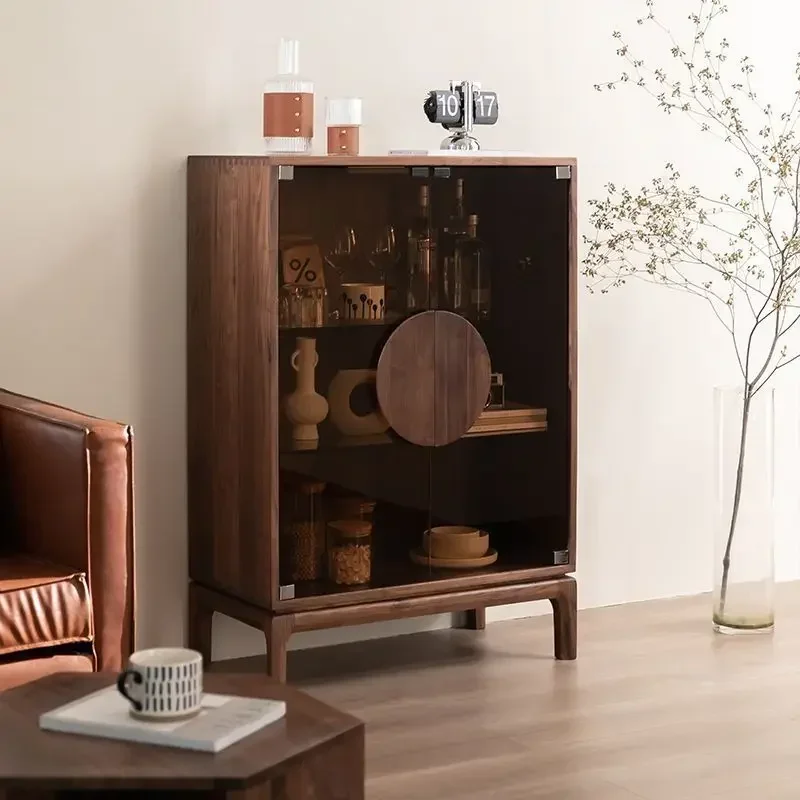 Modern Simple North American Black Walnut Solid Wood Dining Side Wine Cabinet Living Room Japanese Double DoorN10
