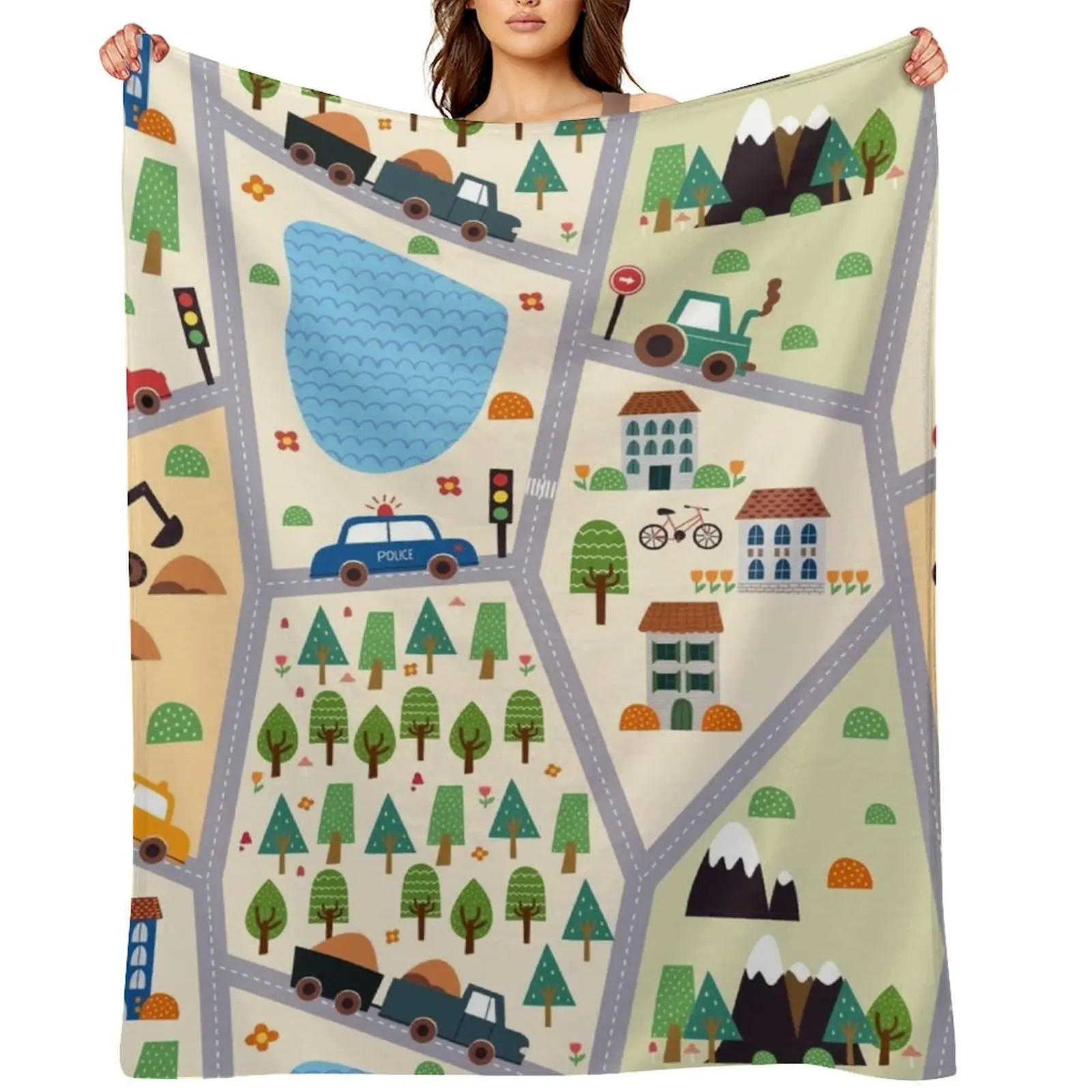 

kids seamless, all over road print with cars, trees, trains, lakes Throw Blanket Summer Furrys Luxury Thicken Blankets