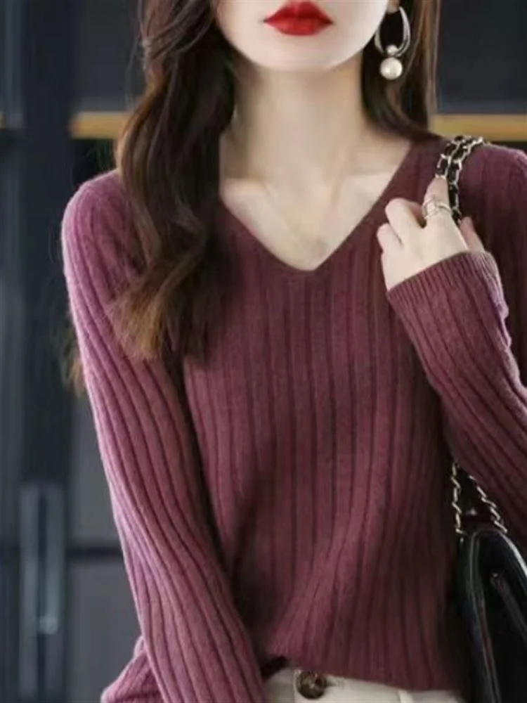 

Новинка 2024: Женский вязаный свитер с V-образным вырезом и длинным рукавом, универсальный базовый топ, приталенный крой, для повседневной носки, осенняя мода