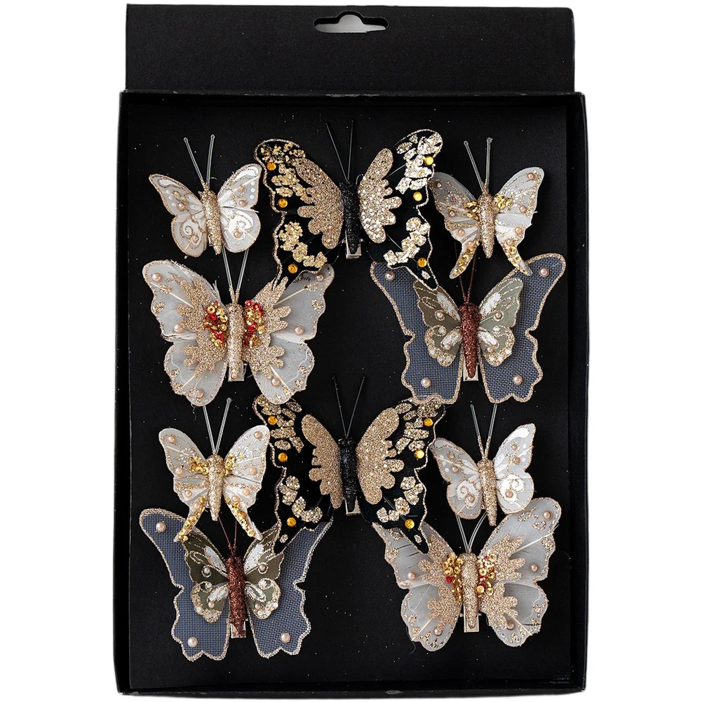 

Lightweight Christmas Decorative Fabric Feather Butterfly Ornaments Set for Tree and Wreath Hanging Featuring Classic Design