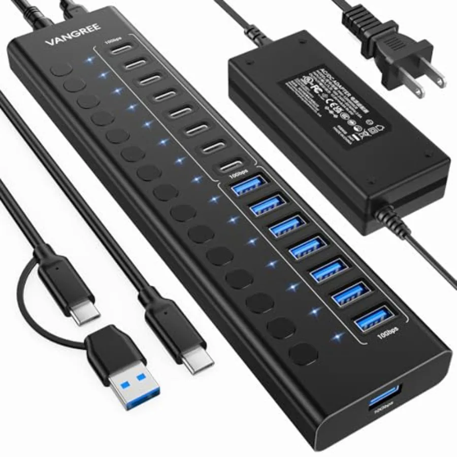 

PC laptop expansion hub: aluminum, black, 16-port 8x USB-A + 8x USB-C 3.2 Gen 2,10Gbps, 96W powered, for HDD/SSD/flash drive