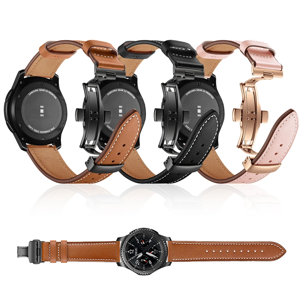 20mm 22mm Butterfly clasp Leather Band for Samsung Galaxy Watch 46mm 42mm Active Bracelet Strap for Gear Sport S3 S2 Classic