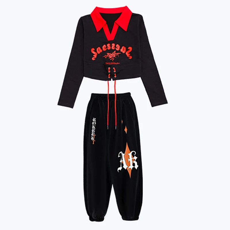 Vestiti da ballo Jazz per ragazze maniche lunghe top neri pantaloni per bambini Costume Hip Hop Kpop Stage Wear tuta da spettacolo di gruppo BL9845