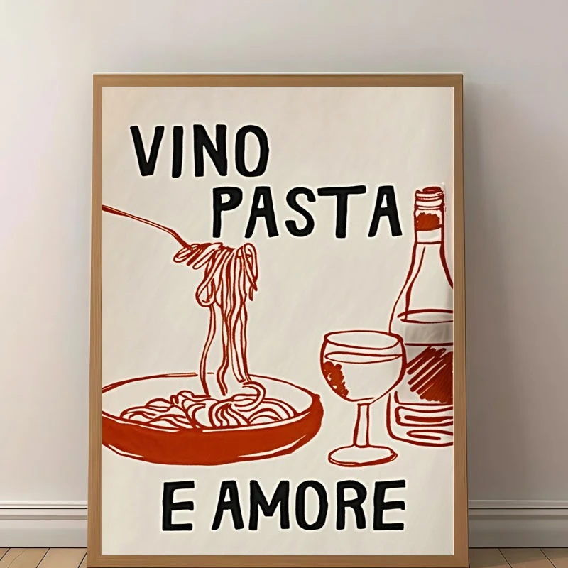 Vino Pasta Amore Modern Italian Wall Art with Spaghetti Carbonara Recipe Frameless Poster for Home Decor Living Room Decoration