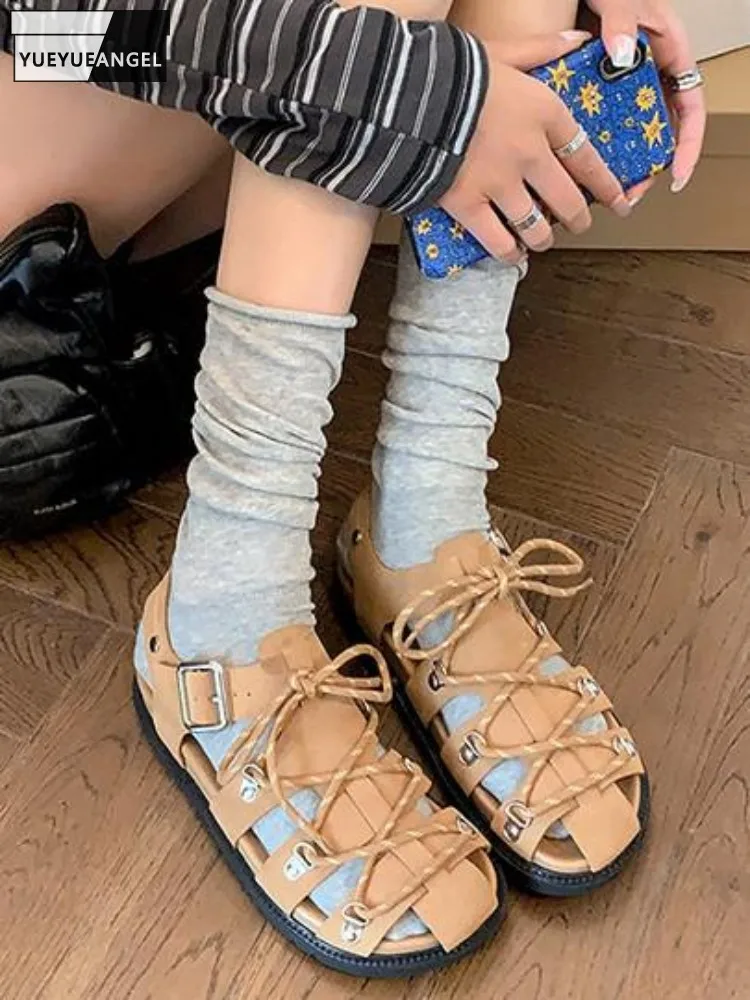 

Women Summer Fashion Sheepskin Round Toe Cross-Tied Buckle Strap Leisure Beach Sandals Genuine Leather Solid Color Gladiator